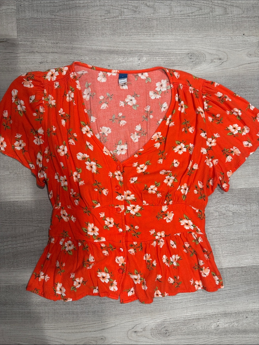 Old Navy Orange Floral V-Neck Button Front Blouse